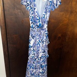 Eliza J Blue Maxi Sundress with Plunge Neckline and Flutter Sleeves